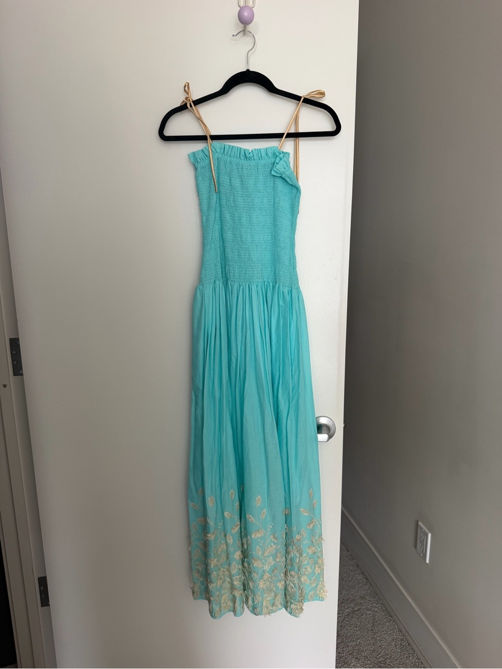Aqua Maxi Dress with Gold Floral Hem